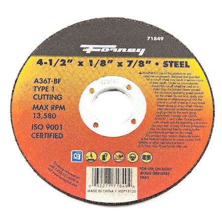 Forney Cut-Off Wheel, Metal, Type 1, 4-1/2 in x 1/8 in x 7/8 in 71849